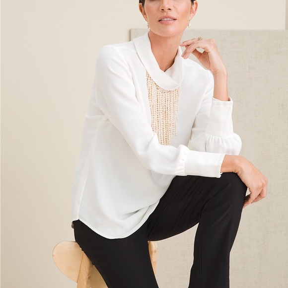 Chico’s Drape-Neck Solid Cuff Blouse Ecru Chico’s SZ 2 - Picture 2 of 8